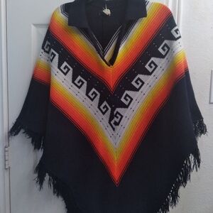 Vintage Southwestern Aztec Poncho Black Rainbow Striped Fringe‎ Boho Wrap